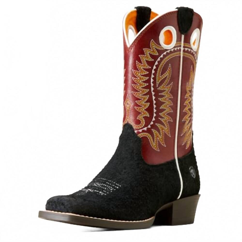 NEW ARIAT kids' derby monroe western boots in black roughout/crimson